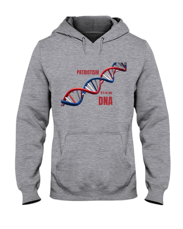 Patriotic Hoodie with 'It’s in My DNA' slogan and American flag DNA graphic. 50/50 blend sweatshirt for showing American pride in style.