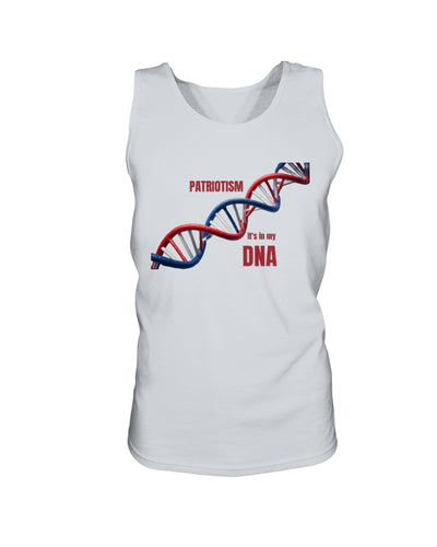Patriotic Jersey Tank – It’s in My DNA by American Apparel featuring red, white, and blue DNA graphic and bold patriotic text on soft white fabric.
