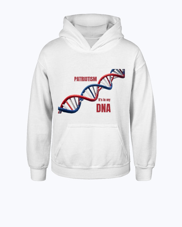 Patriotic Youth Hoodie featuring red, white, and blue DNA strand with 'Patriotism It's in my DNA' text. Proud American apparel for kids.