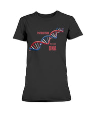 Patriotism It’s in My DNA Ladies T-Shirt in black featuring a red, white, and blue DNA strand graphic. Proud American apparel for women.