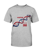 Gray Patriotic Fitted Crew with red and blue DNA strand graphic and 'Patriotism It's in My DNA' text. Proud American Apparel for patriotic style.