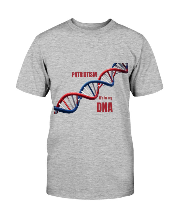 Gray Patriotic Fitted Crew with red and blue DNA strand graphic and 'Patriotism It's in My DNA' text. Proud American Apparel for patriotic style.