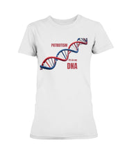 White ladies' t-shirt featuring a red, white, and blue DNA helix with the text 'Patriotism It’s in My DNA'. Proud American apparel for women.