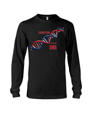 Patriotism It’s in My DNA long sleeve t-shirt in black featuring a red, white, and blue DNA strand graphic. Ideal patriotic apparel for proud Americans.