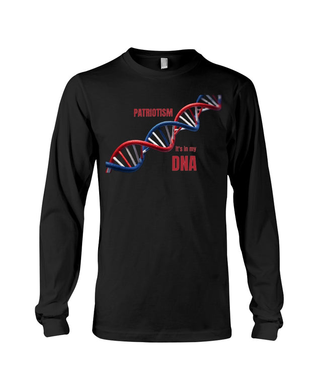 Patriotism It’s in My DNA long sleeve t-shirt in black featuring a red, white, and blue DNA strand graphic. Ideal patriotic apparel for proud Americans.