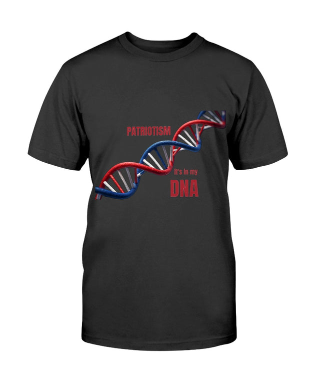 Patriotic Fitted Crew – It’s in My DNA t-shirt features a red, white, and blue DNA strand with bold text, ideal for proud American apparel lovers.