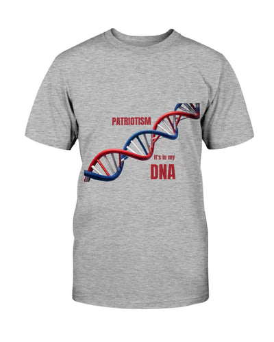 Patriotism It’s in My DNA Men’s Soft T-Shirt in heather gray featuring a red, white, and blue DNA strand graphic and bold patriotic text.