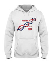 White Patriotic Hoodie featuring red, white, and blue DNA strand with 'Patriotism It's in My DNA' text. 50/50 blend sweatshirt for American pride.