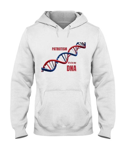 White Patriotic Hoodie featuring red, white, and blue DNA strand with 'Patriotism It's in My DNA' text. 50/50 blend sweatshirt for American pride.