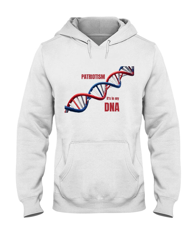 White Patriotic Hoodie featuring red, white, and blue DNA strand with 'Patriotism It's in My DNA' text. 50/50 blend sweatshirt for American pride.