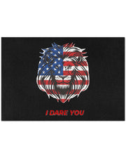 I Dare You Doormat – 34" x 23" Patriotic Home Decor featuring a fierce lion face with American flag design on black background. Bold red text reads 'I Dare You'.