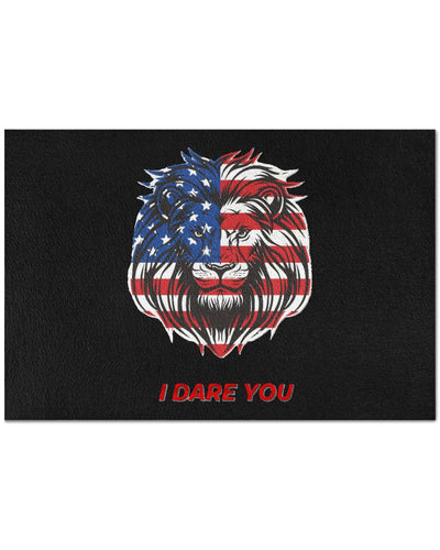 I Dare You Doormat – 34" x 23" Patriotic Home Decor featuring a fierce lion face with American flag design on black background. Bold red text reads 'I Dare You'.