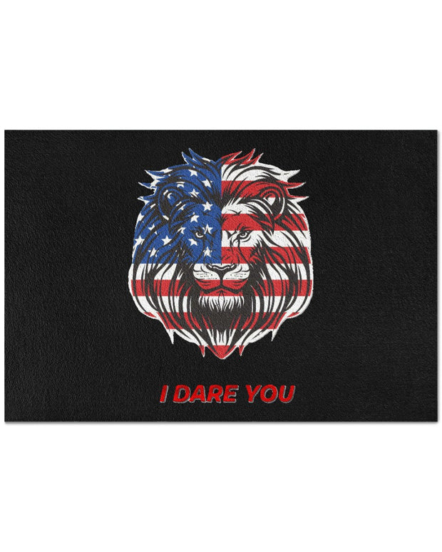 I Dare You Doormat – 34" x 23" Patriotic Home Decor featuring a fierce lion face with American flag design on black background. Bold red text reads 'I Dare You'.