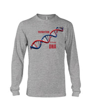 Patriotism It’s in My DNA Long Sleeve T-Shirt in heather gray with red and blue DNA graphic and bold text, ideal for proud American apparel lovers.