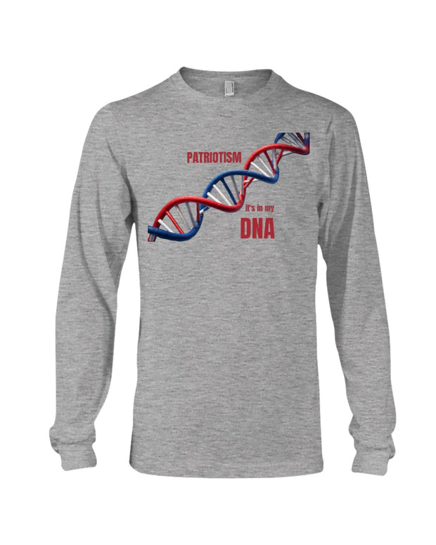 Patriotism It’s in My DNA Long Sleeve T-Shirt in heather gray with red and blue DNA graphic and bold text, ideal for proud American apparel lovers.