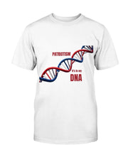 White Patriotic Fitted Crew t-shirt with red, white, and blue DNA graphic and 'Patriotism It's in my DNA' text. Proud American Apparel for women.