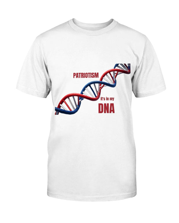White Patriotic Fitted Crew t-shirt with red, white, and blue DNA graphic and 'Patriotism It's in my DNA' text. Proud American Apparel for women.