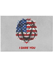 I Dare You Doormat – 34" x 23" patriotic home decor featuring a fierce lion face with American flag design and bold red text on gray background.