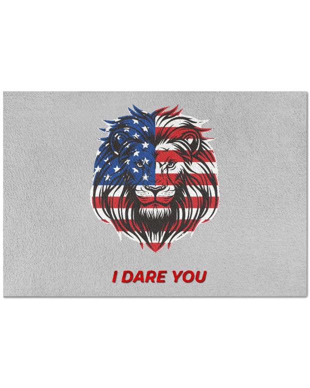 I Dare You Doormat – 34" x 23" patriotic home decor featuring a fierce lion face with American flag design and bold red text on gray background.