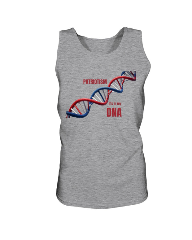 Patriotic Jersey Tank by American Apparel featuring red, white, and blue DNA graphic with 'Patriotism, It’s in My DNA' text on heather gray fabric.