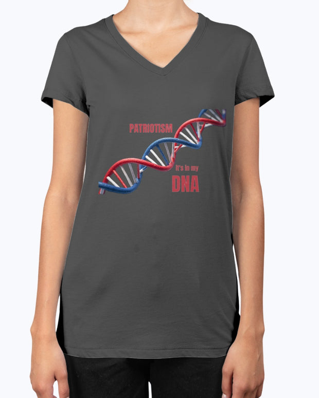 Women's Patriotic V Neck Tee in dark gray featuring a red, white, and blue DNA helix with the text 'Patriotism It's in my DNA'.