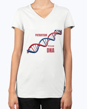 Women's white Patriotic V Neck Tee with red and blue DNA graphic and 'Patriotism It's in my DNA' text, from Proud American Apparel.