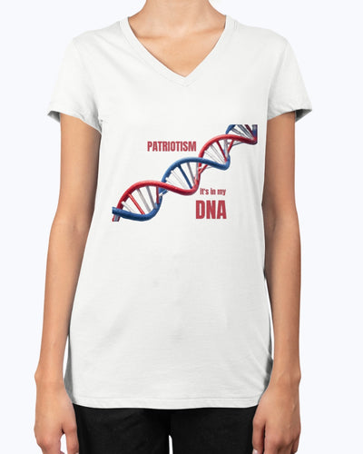 Women's white Patriotic V Neck Tee with red and blue DNA graphic and 'Patriotism It's in my DNA' text, from Proud American Apparel.