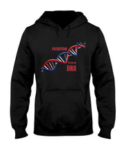 Black Patriotic Hoodie with red and blue DNA graphic and 'Patriotism It's in My DNA' text. 50/50 blend sweatshirt for American pride apparel.
