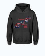 Patriotic Youth Hoodie with red, white, and blue DNA graphic and 'Patriotism It's in My DNA' text. Proud American apparel for kids.