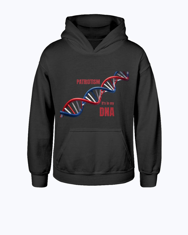 Patriotic Youth Hoodie with red, white, and blue DNA graphic and 'Patriotism It's in My DNA' text. Proud American apparel for kids.