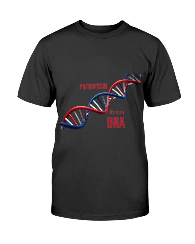 Patriotism It’s in My DNA Men’s Soft T-Shirt features a red, white, and blue DNA strand graphic with bold text. Ideal patriotic apparel for American pride.