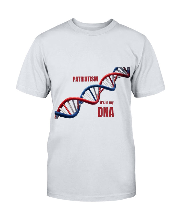 Patriotism It’s in My DNA Men’s Soft T-Shirt features a red, white, and blue DNA strand graphic with bold patriotic text. Ideal for American pride apparel.